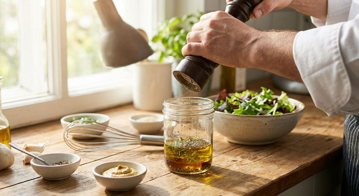 Pepper mill for salad dressing and vinaigrette prep