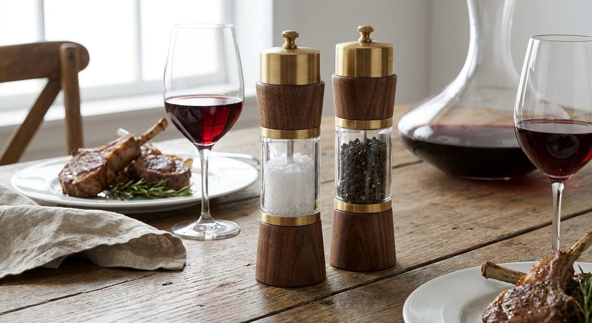 Salt and pepper mill set for wine pairing dinners