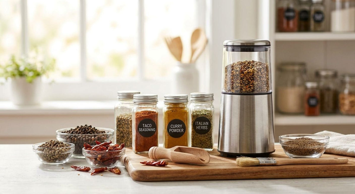 Spice grinder for meal-prepping bulk spice blends