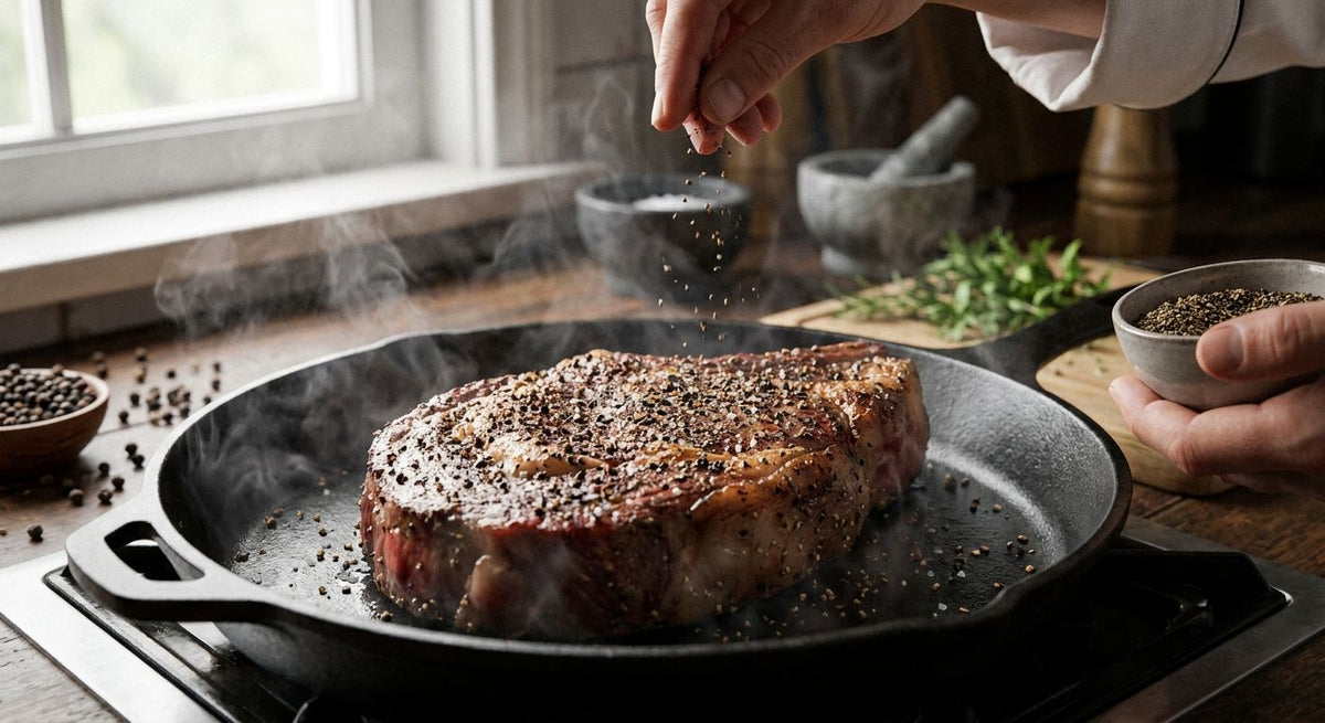 Cracked black pepper for the perfect steak crust