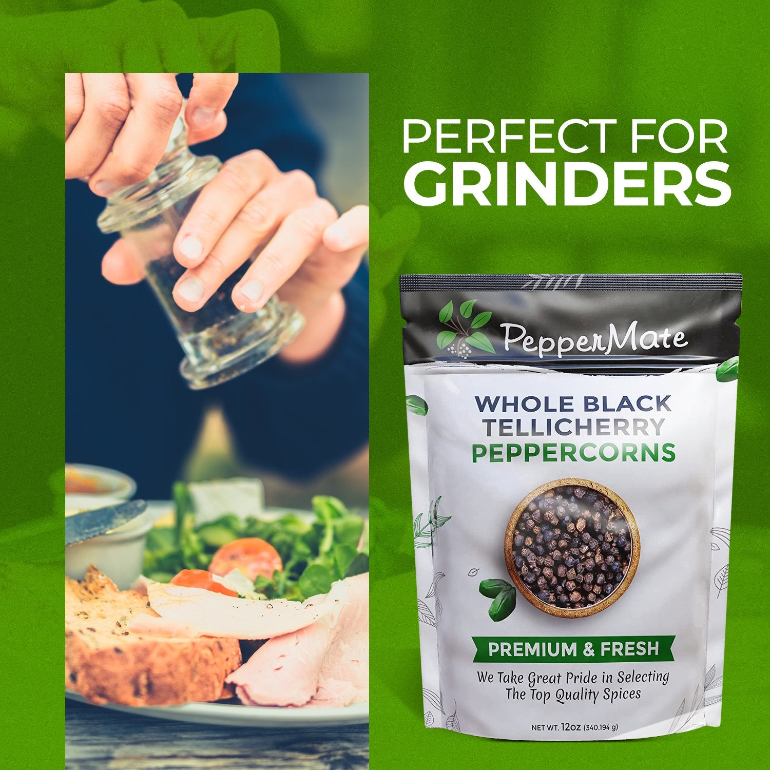 Free Gift - Gourmet Black Tellicherry Peppercorns - 12 OZ