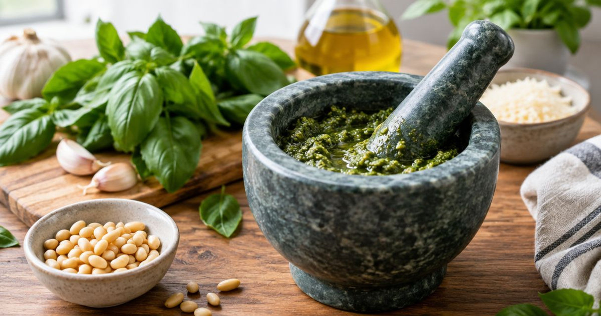 Mortar and pestle for making fresh pesto and pastes