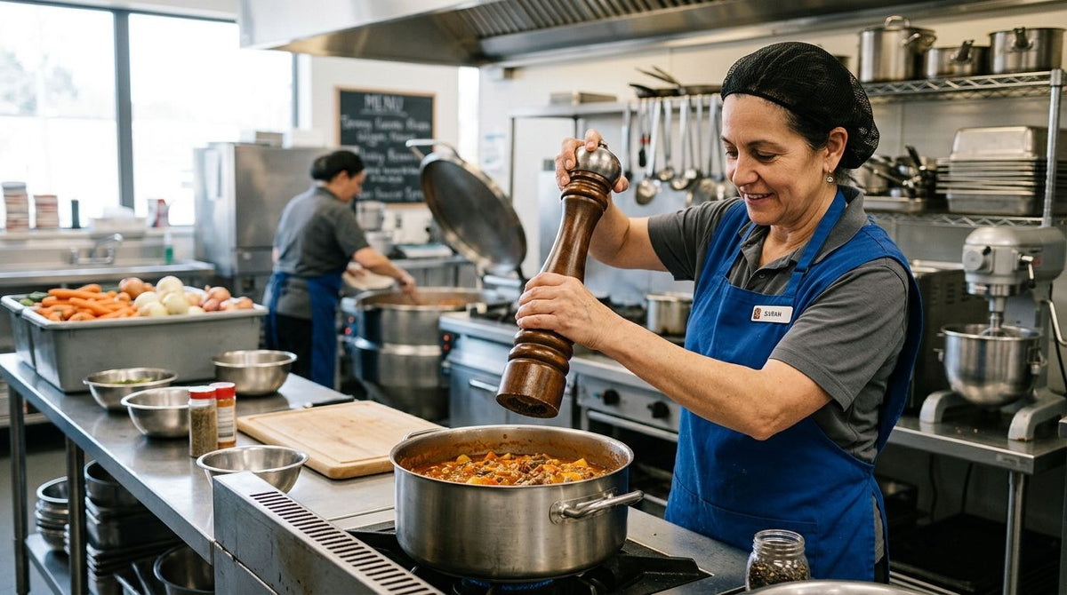Pepper mill for school cafeteria kitchens