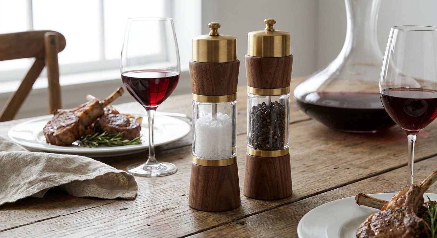 Salt and pepper mill set for wine pairing dinners