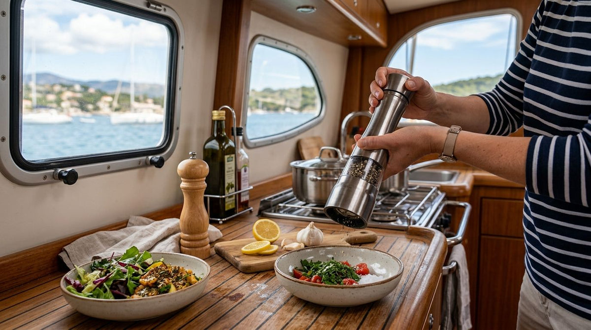 Pepper mill for boat galleys and yacht kitchens