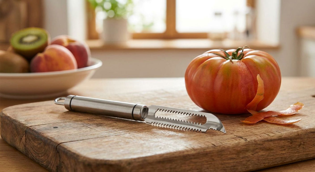 Serrated peeler for tomatoes and soft-skinned produce