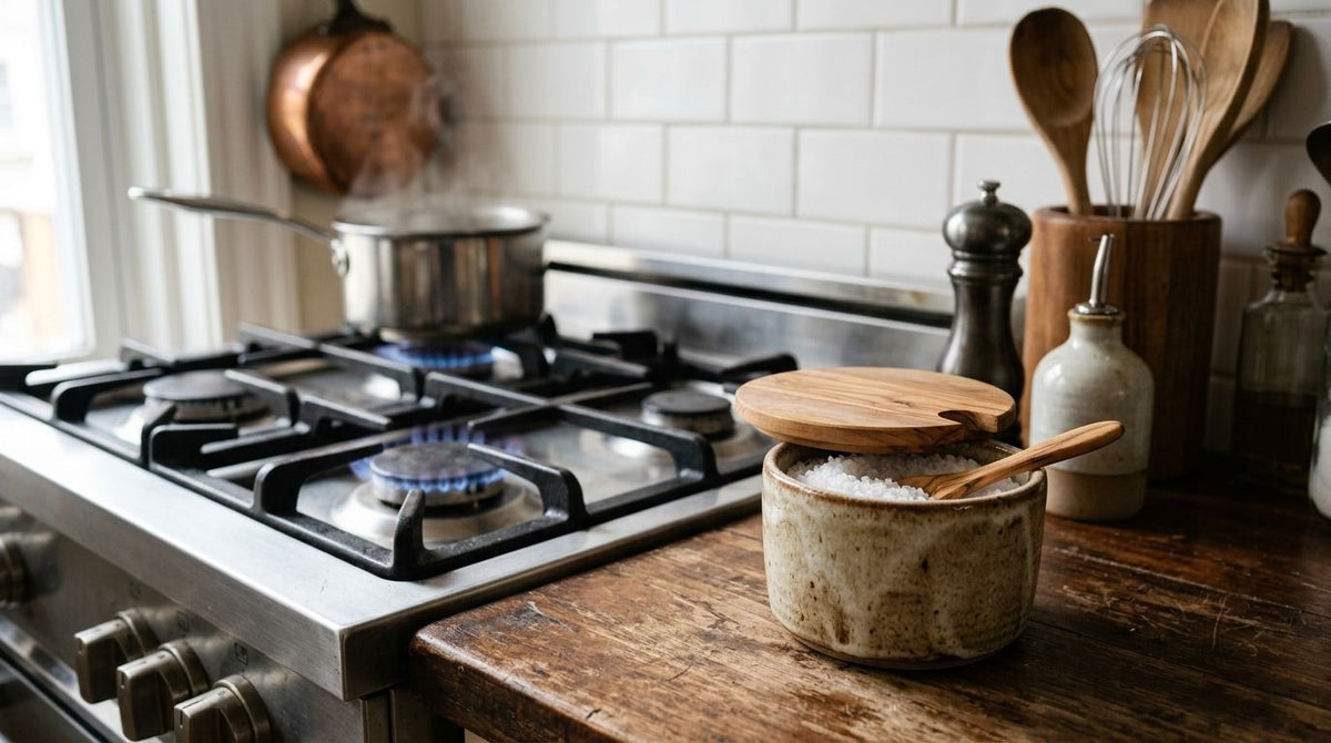 Salt cellar for keeping salt fresh by the stove