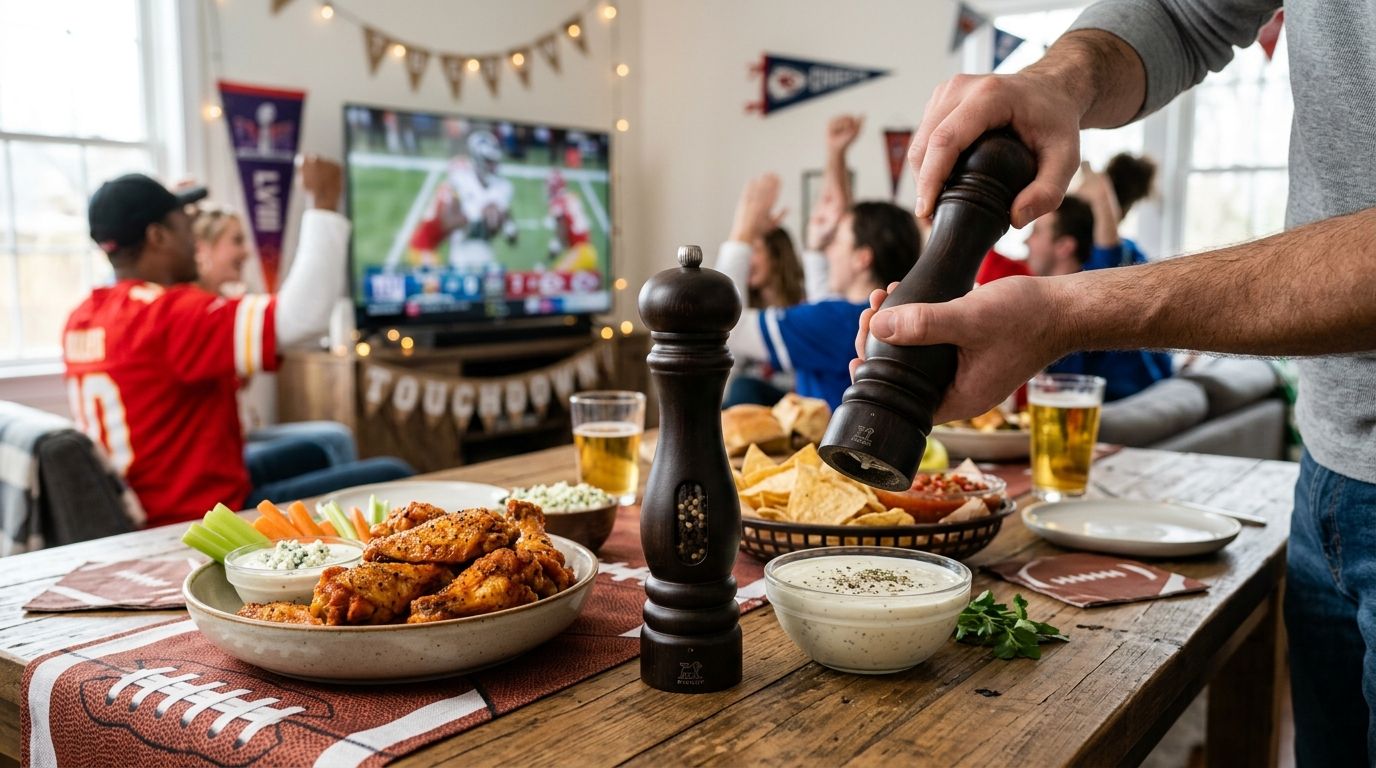 Pepper mill for Super Bowl party wings and dips