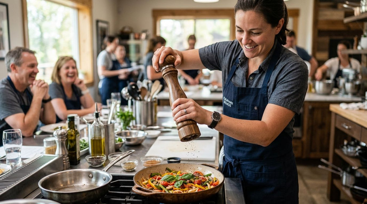 Pepper mill for cooking class instructors and demos