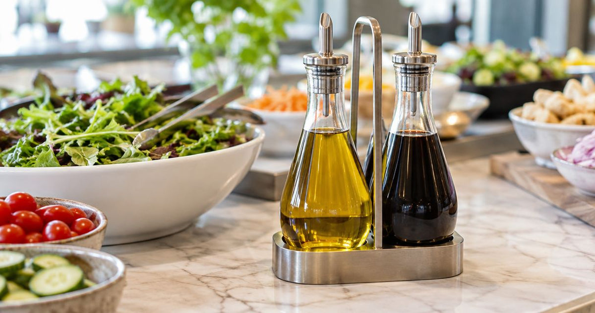 Oil and vinegar cruet set for salad bar and buffet service