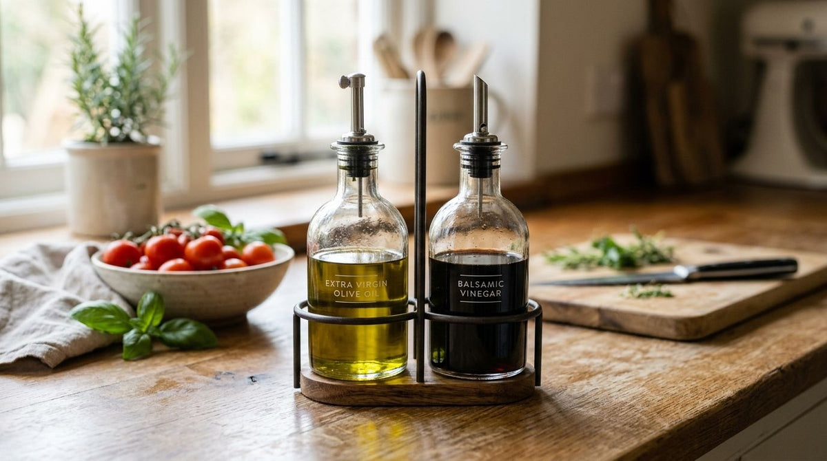 Oil and vinegar cruet set for everyday cooking