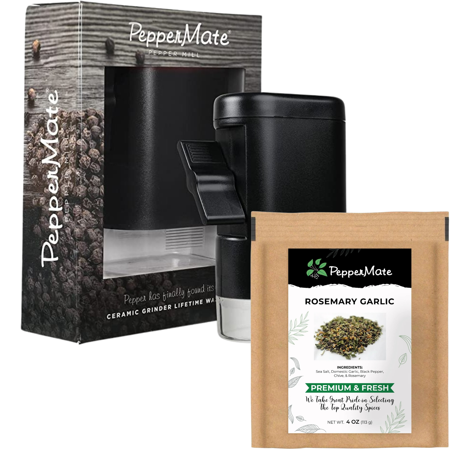 PepperMate Traditional Pepper Mill and Specialty Grindable Rosemary Garlic Blend