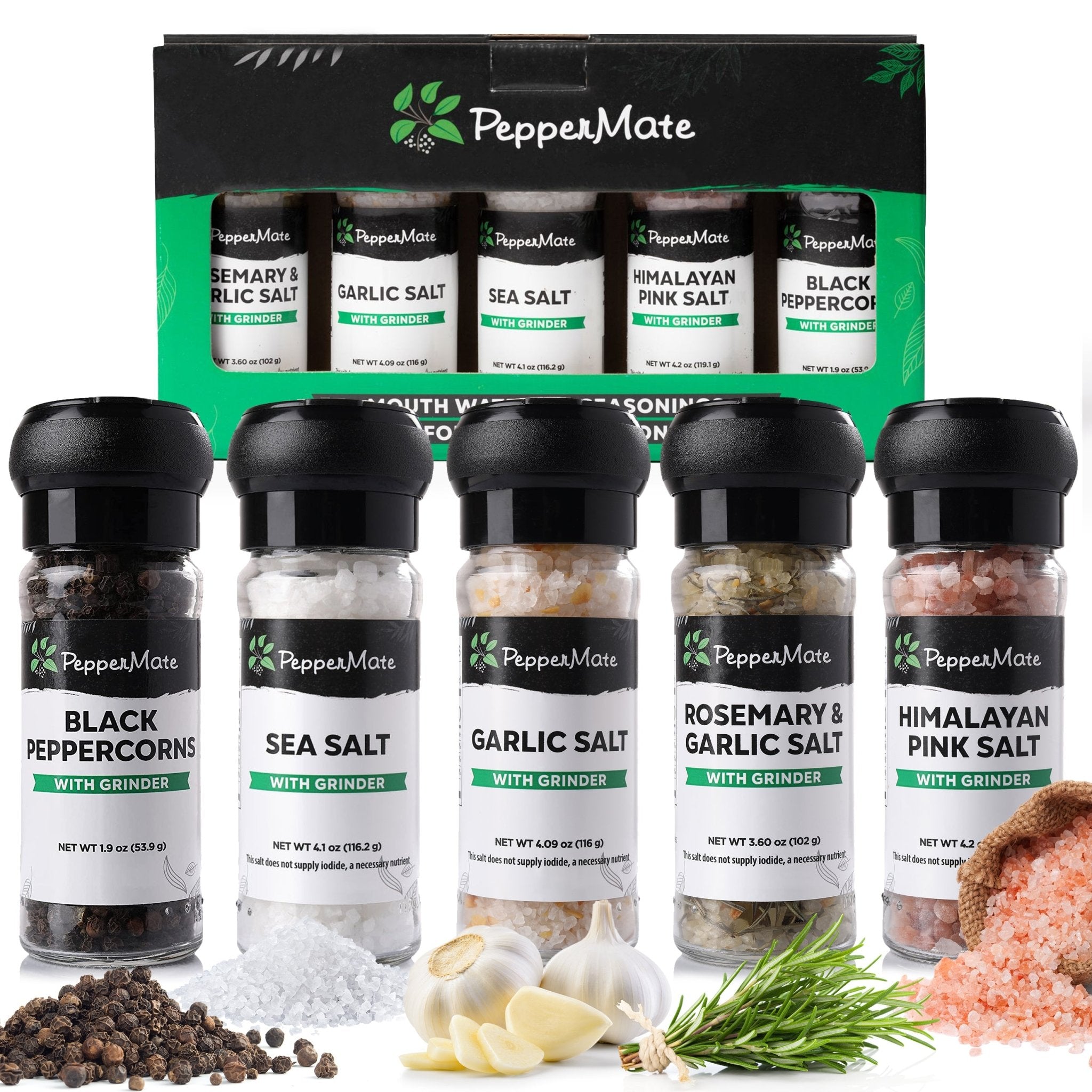 Stonemill Spice Grinders: Sea Salt, Himalayan Pink Salt, Black