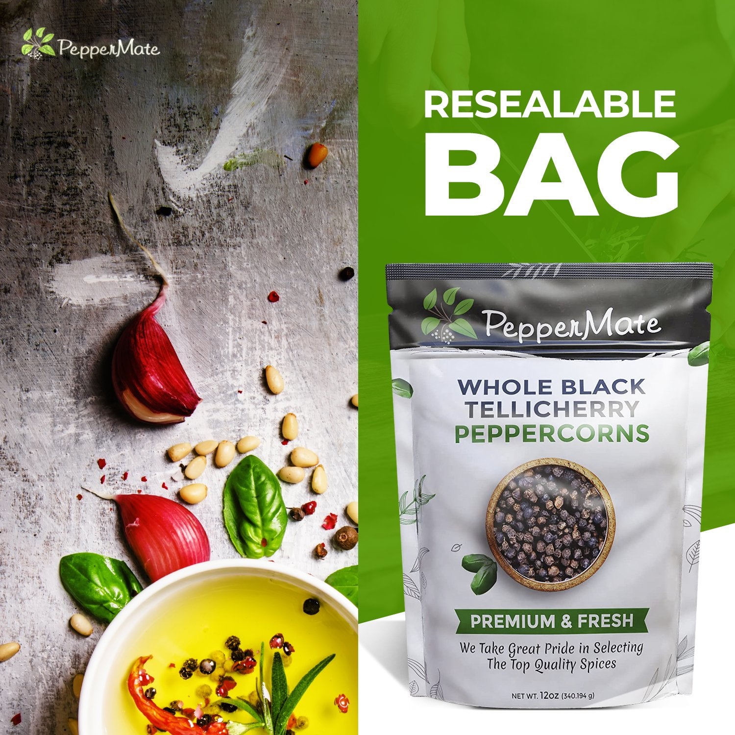 Free Gift - Gourmet Black Tellicherry Peppercorns - 12 OZ