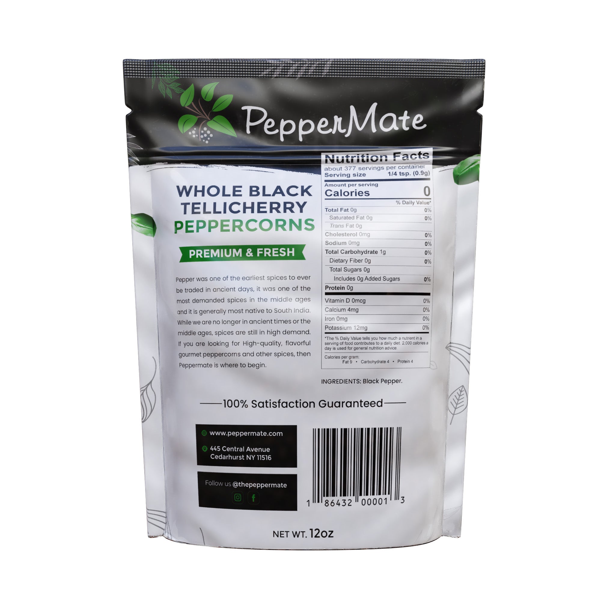 Free Gift - Gourmet Black Tellicherry Peppercorns - 12 OZ