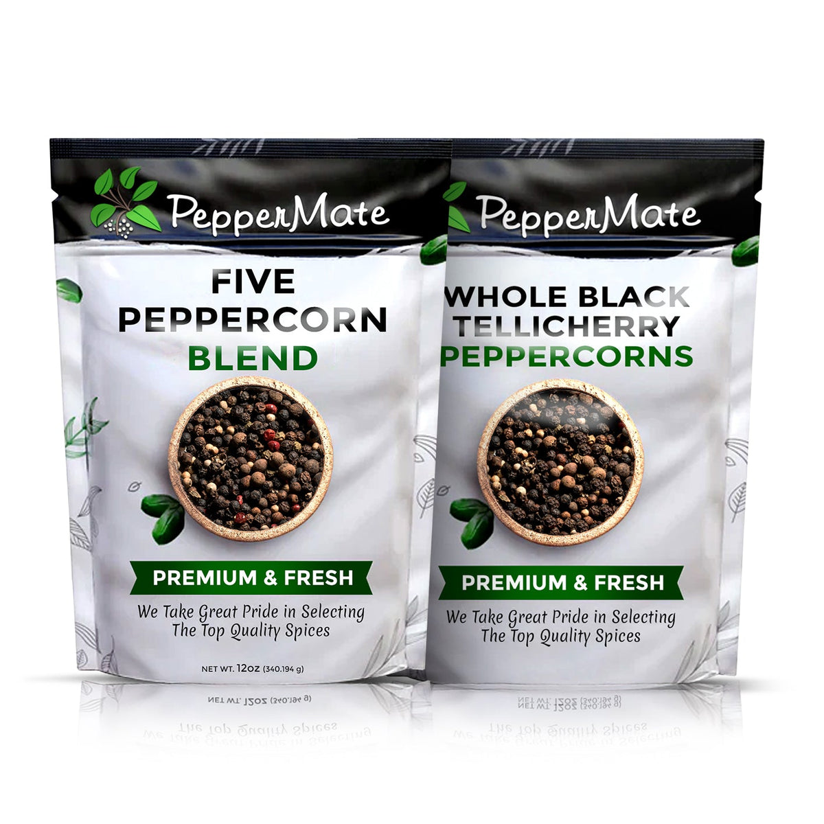 Whole Black Tellicherry Peppercorns and Five Peppercorn Blend 12 OZ